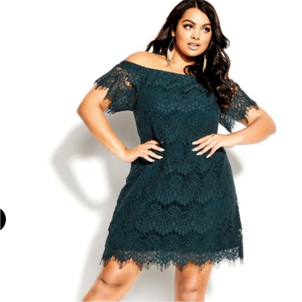 Women’s Size 20 City Chic Off-Shoulder Lace Dress in Dark Green